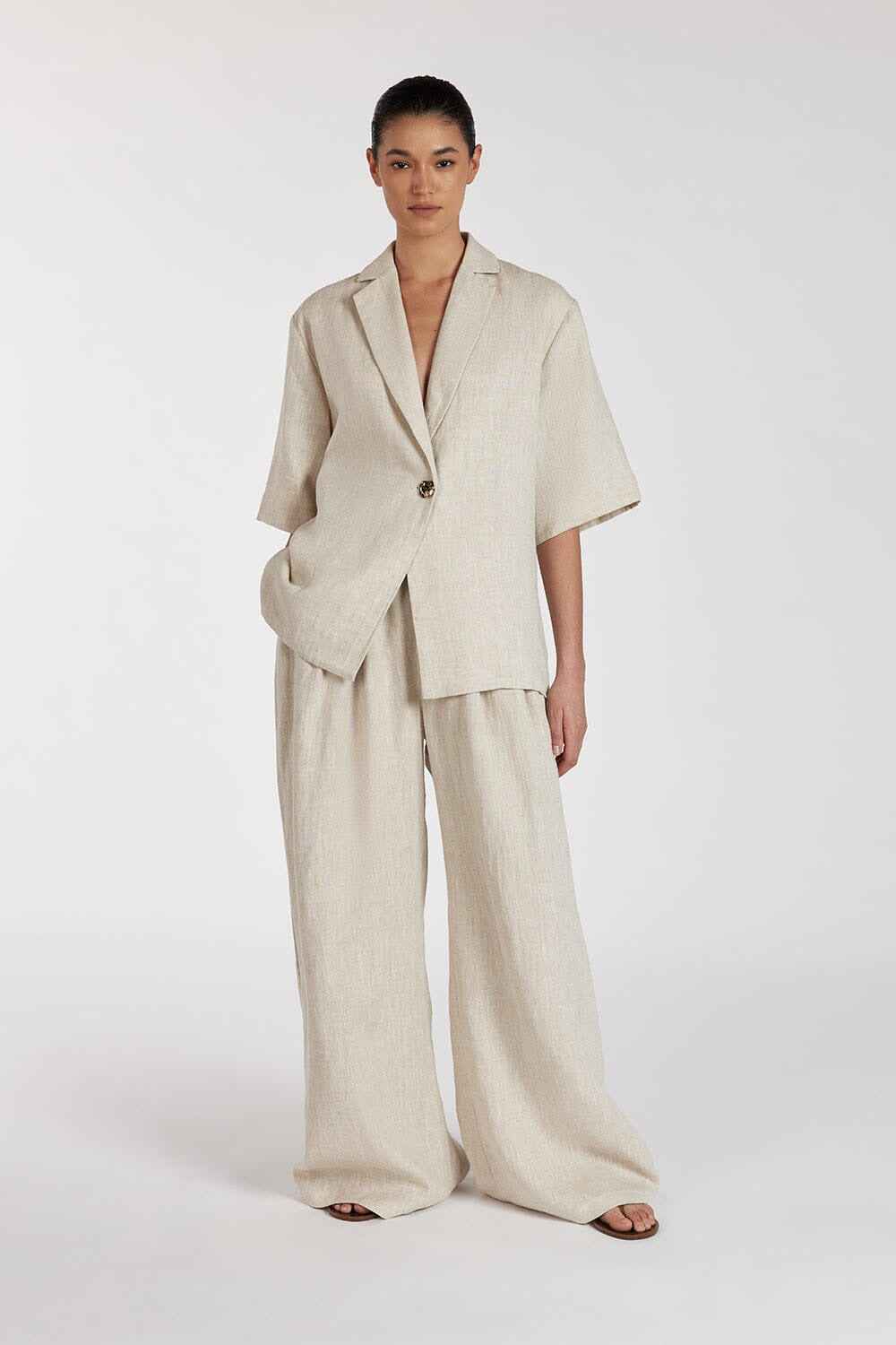 Spring Summer Linen Office Women Collared Half Sleeve Cardigan Top Loose Wide Leg Pants Two Piece Set