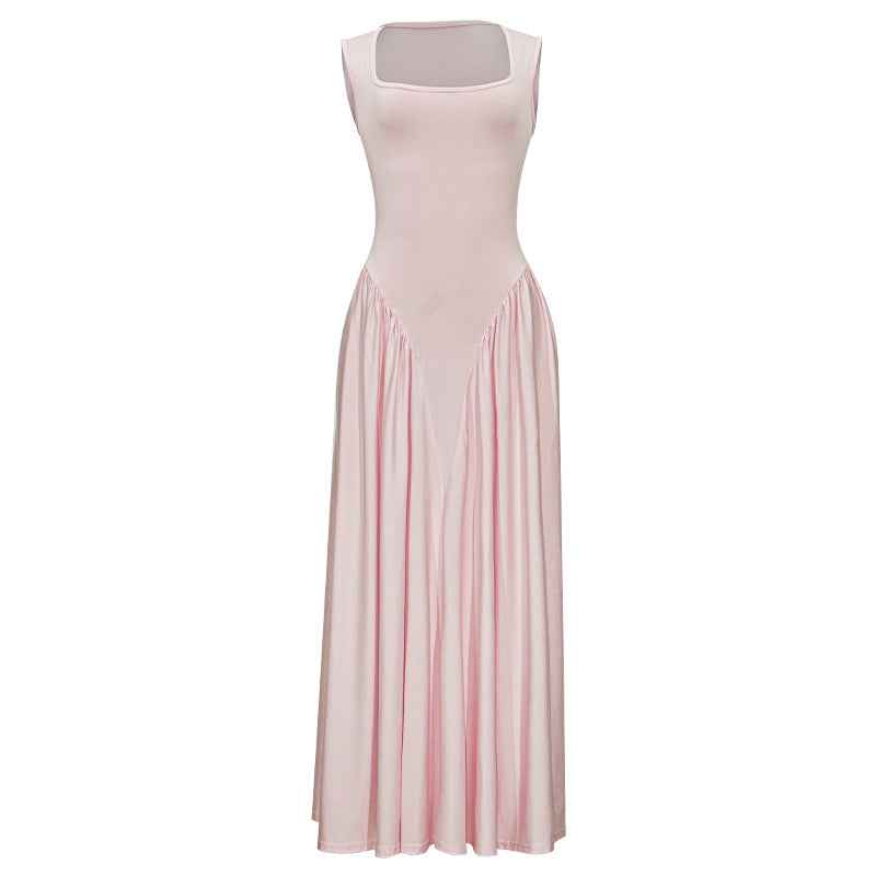 Spring French Pink Strap Dress Elegant Large Swing Dress Square Collar