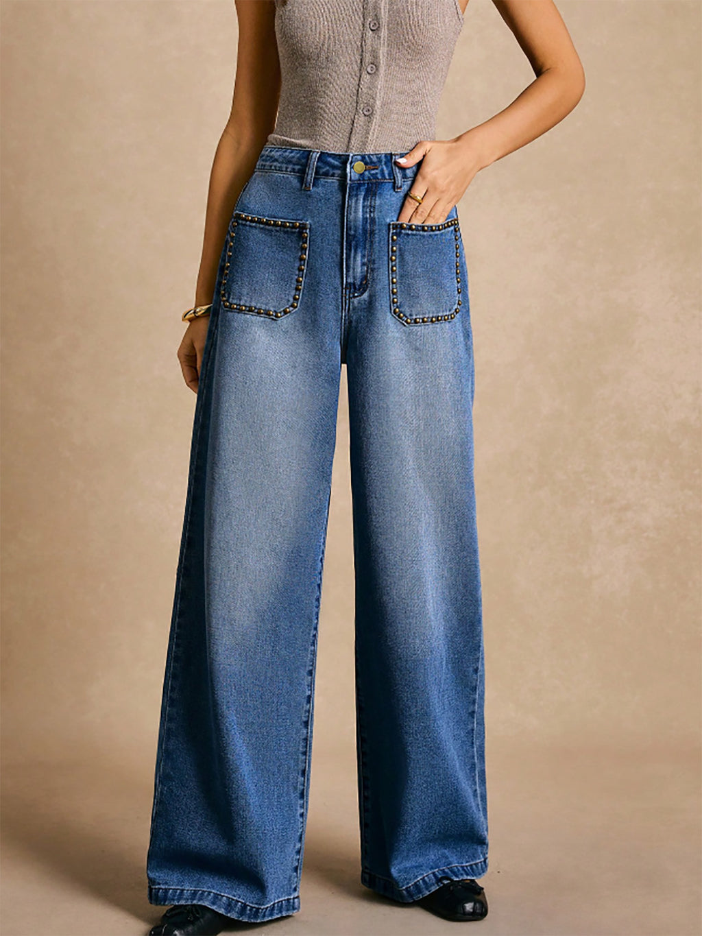 Rivet Inlaid Pocket Wide Foot Mouth Washed Denim Slim Straight Trousers - ALZO