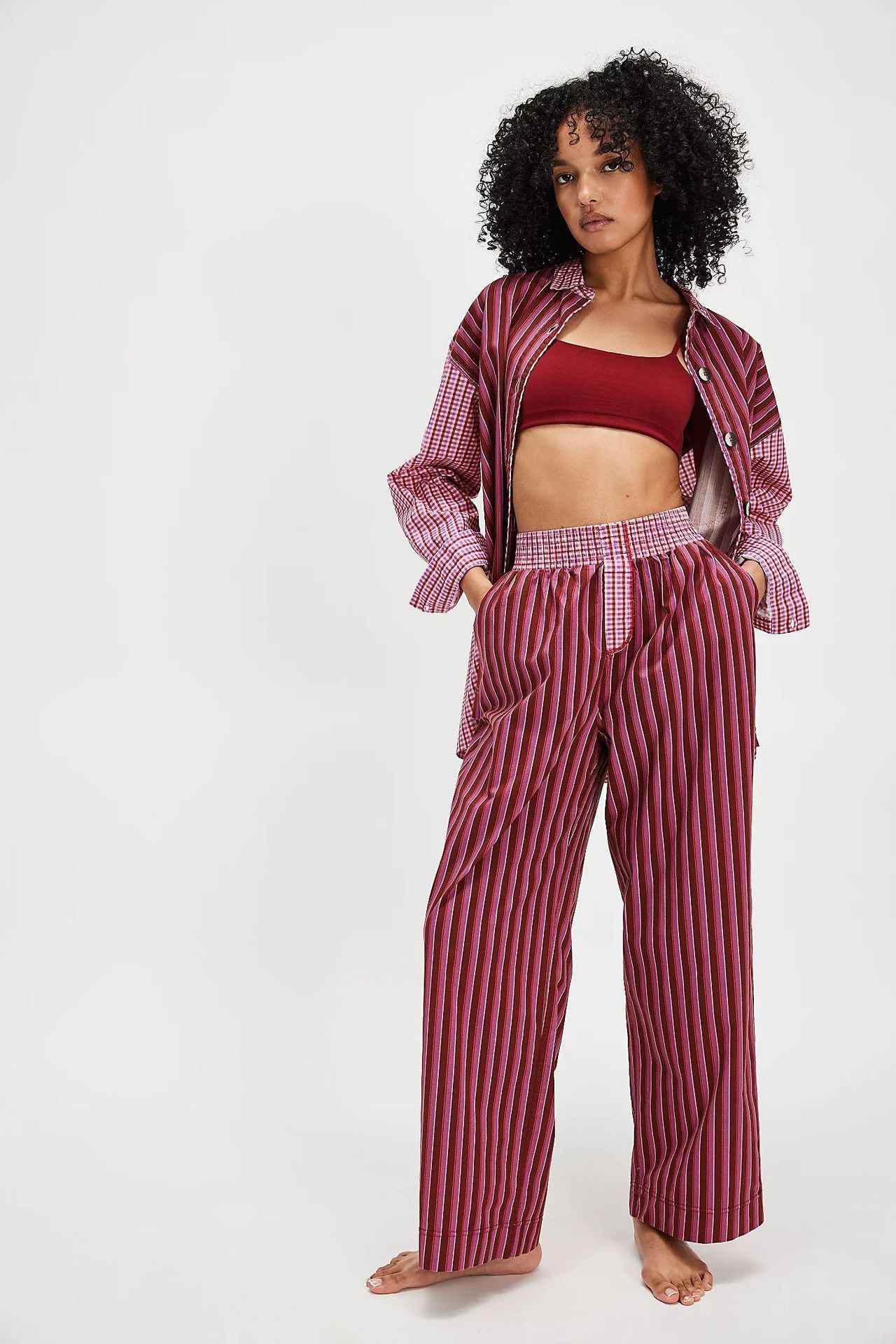 Spring Summer Women Clothing Striped Polka Dot Stitching Casual Loose Trousers Women