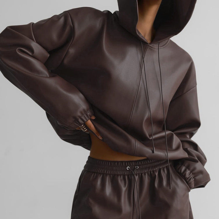 Spring Hooded Leather Sweater Women Shorts Suit Street Trend Women Clothing Two Piece Set - ALZO