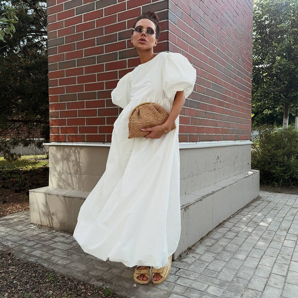 Cotton round Neck Puff Sleeve Dress Spring Summer Solid Color Loose Casual Dress for Women - ALZO