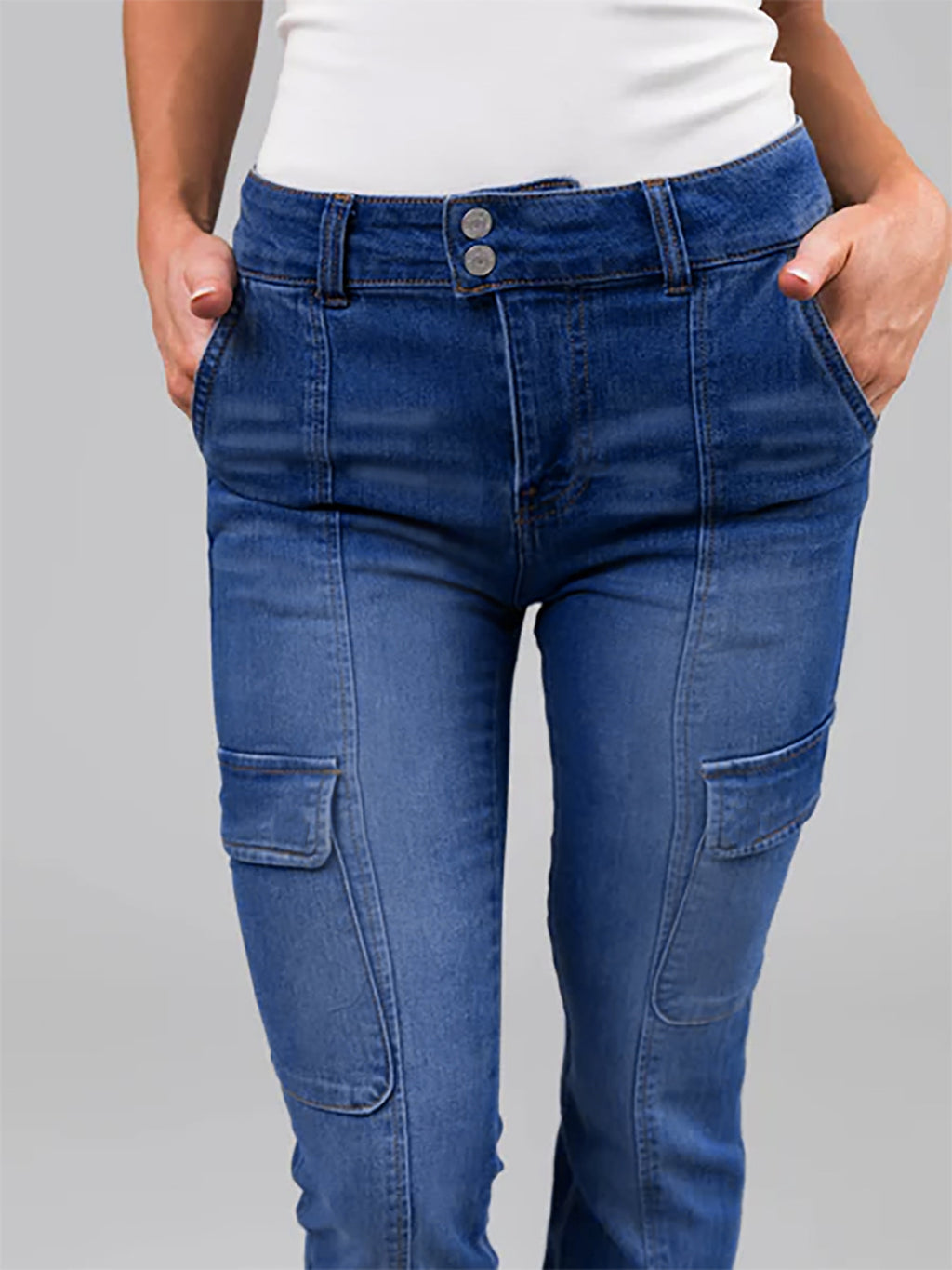 Ladies Double Buckle Waist Stitching Multi Pocket Side Sticker Bag Overalls Denim Stretch Trousers - ALZO