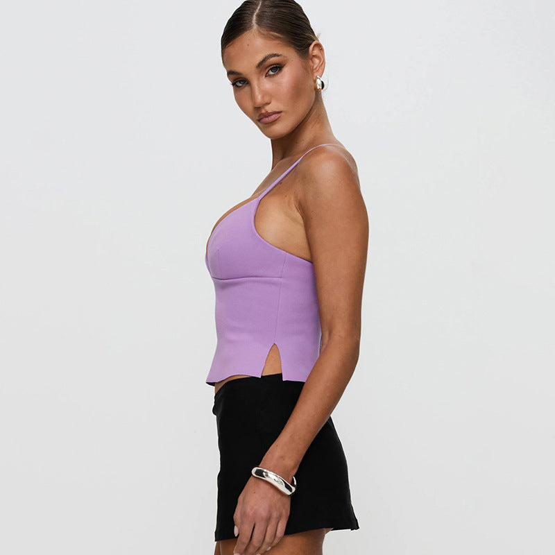 Women Clothing Spring Summer Suspender Backless Stitching Split Vest Tops - ALZO