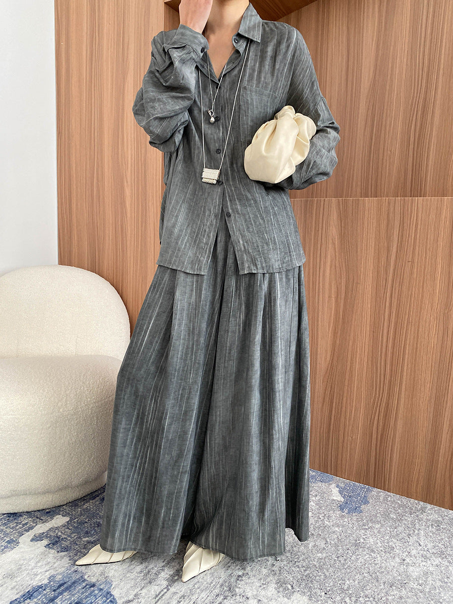 Early Spring Tencel Lyocell Fried Color Tie Dyed Loose Shirt Culottes Two Piece Sets - ALZO