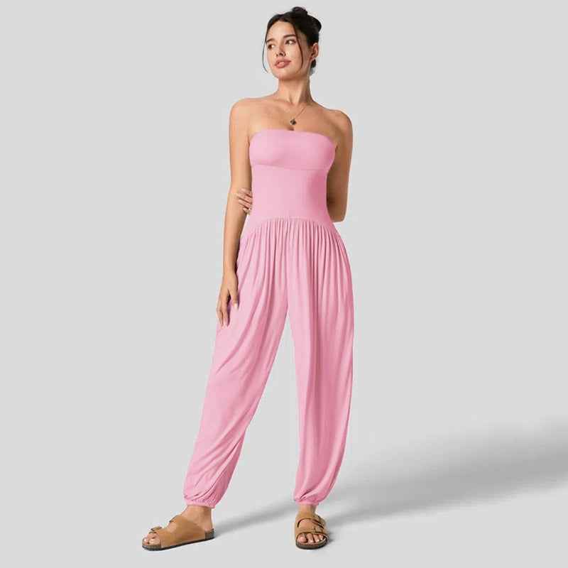 Women Clothing Summer Solid Color Casual Tube Top Cinched Waist Lantern Loose Tappered Women Jumpsuit