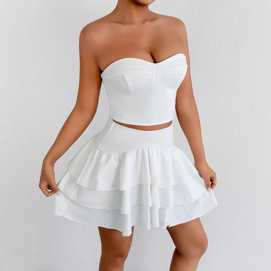 Arrival Summer Sexy Short Skirt Shoulder Baring Tube Top Solid Color Lace Tiered Dress Two Piece Sets - ALZO