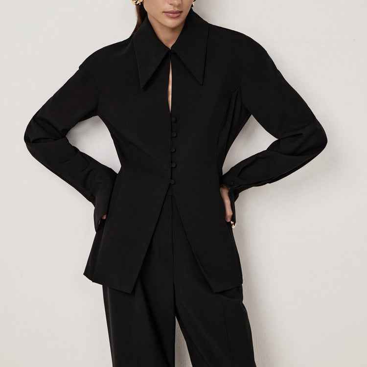 Black Sets Women Collared Long Sleeve Slim Jacket Casual Pants Office Two Piece Sets