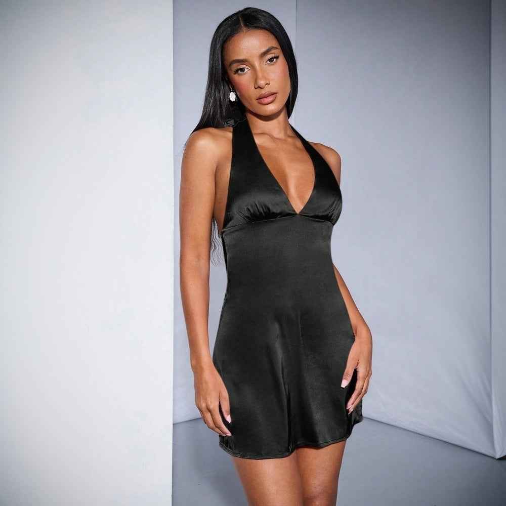 Spring Summer Women Clothing Sexy Halter Satin Dress High Waist Backless Slim Fit Dress