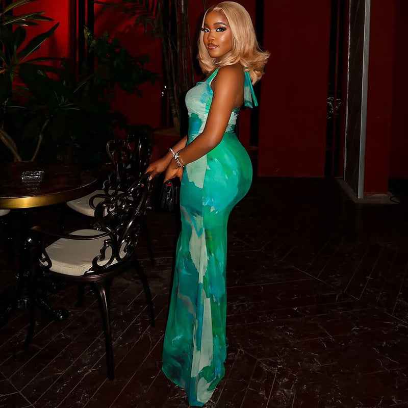 Printed Color Matching Skirt Set Sheath off the Shoulder Strap Dress Two Piece Set Fresh Fit Women Clothing