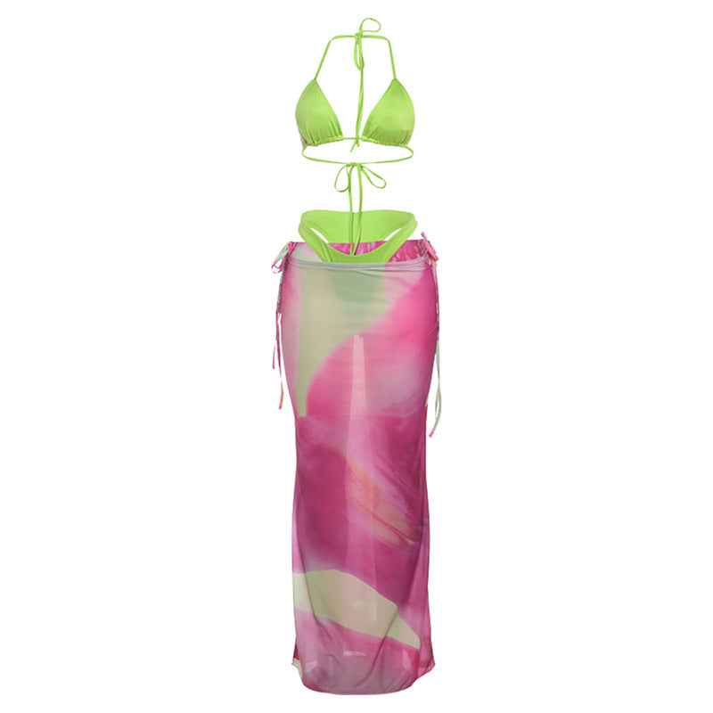 Spring Summer Women Sexy Lacing Bikini Printed Dress Three Piece Sets