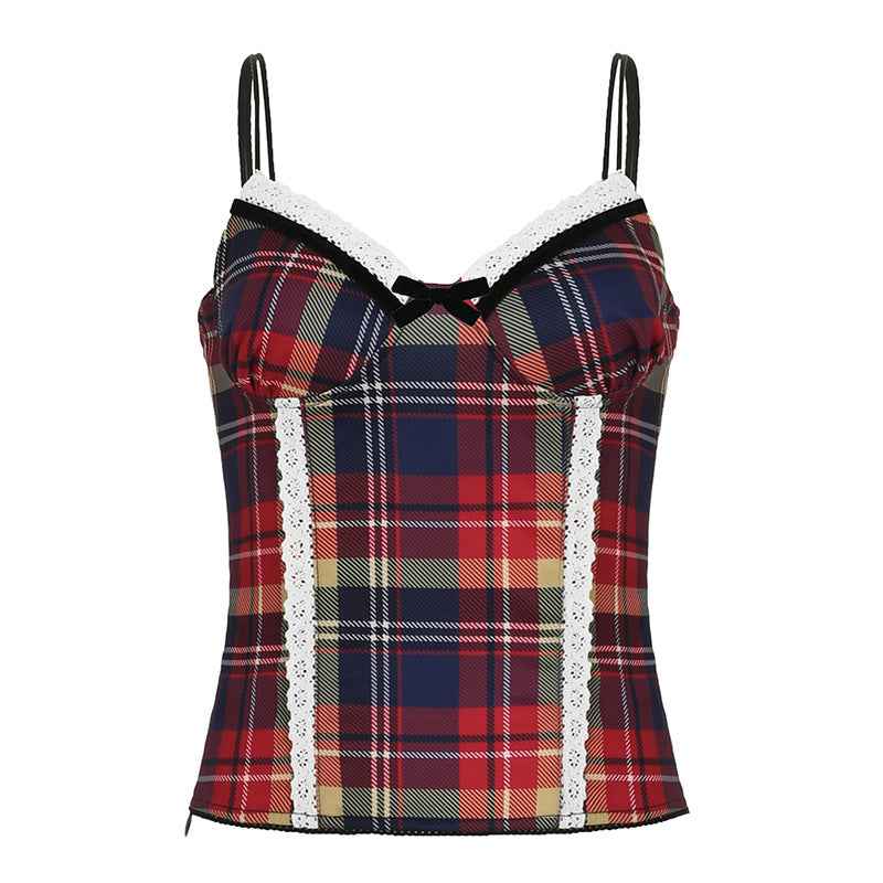Dopamine Maiden Lace Chest Camisole Women Clothing Contrast Color Check Waist Slimming Spicy Sexy Cropped Top