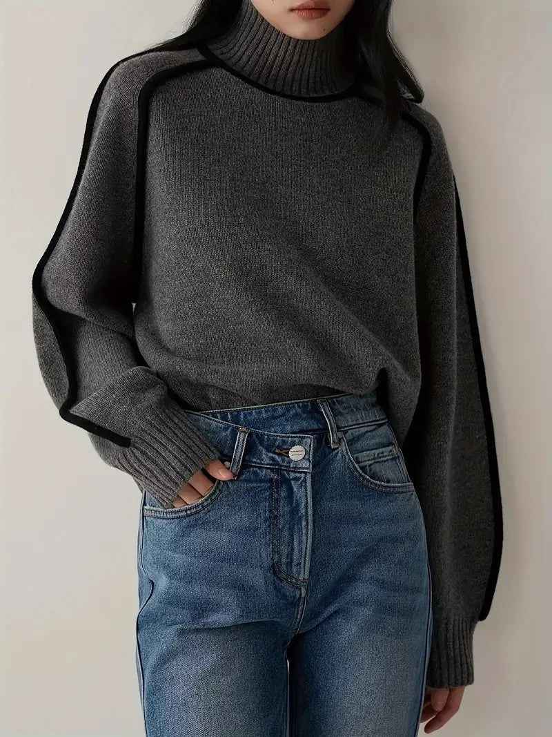 Women Sweater Half Turtleneck with Shoulder Sleeve Top Elegant Line Thread Bottoming Sweater for Women