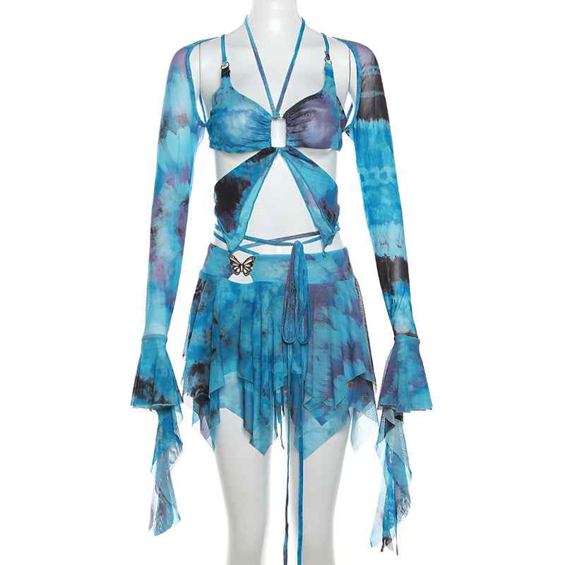 Women Clothing Autumn Sweet Bell Sleeve Butterfly Print Lace up Tassel Sexy Cutout Skirt Sets