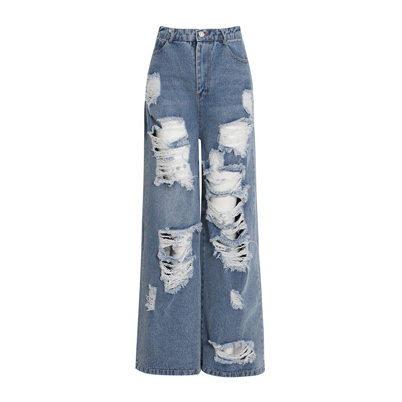 Spring Blue Color High Waist Ripped Wide Leg Pants Slimming Straight Mop Jeans for Women - ALZO