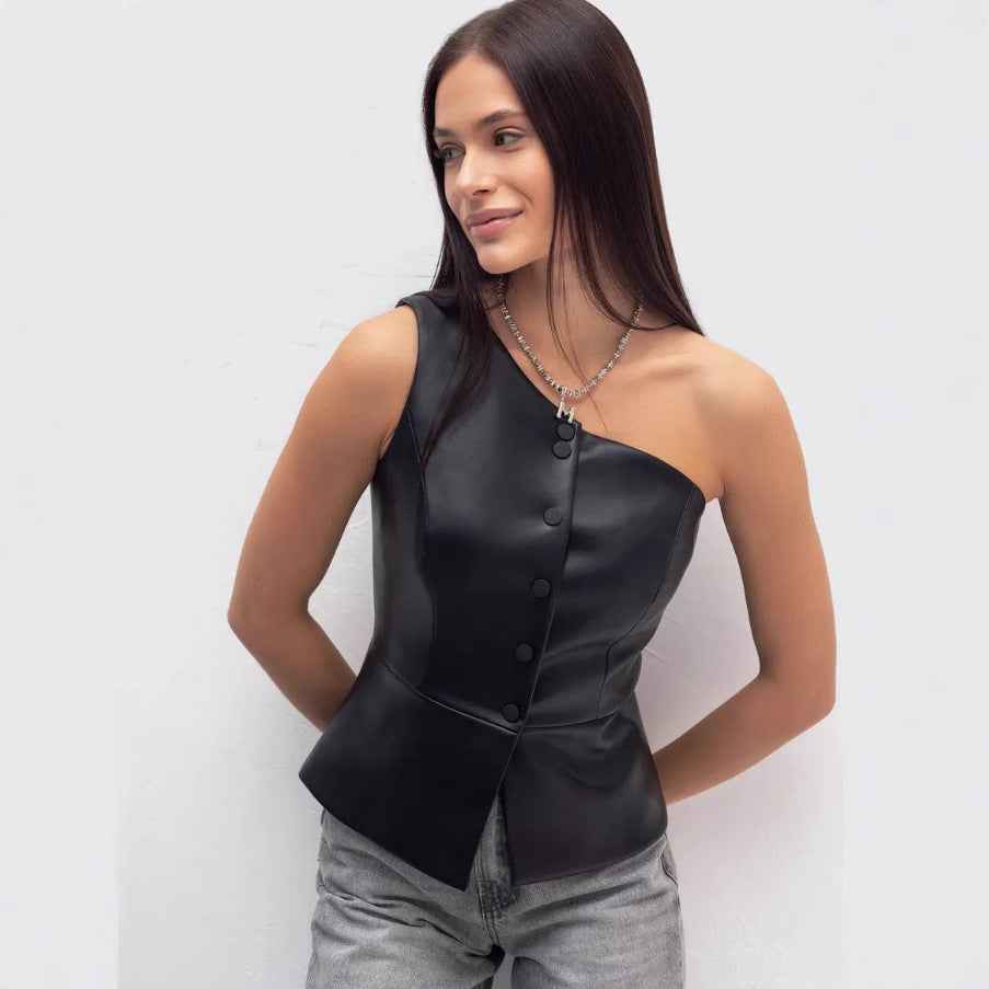 Summer Women Single Breasted Short Faux Leather Shoulder Sexy off Shoulder Vest