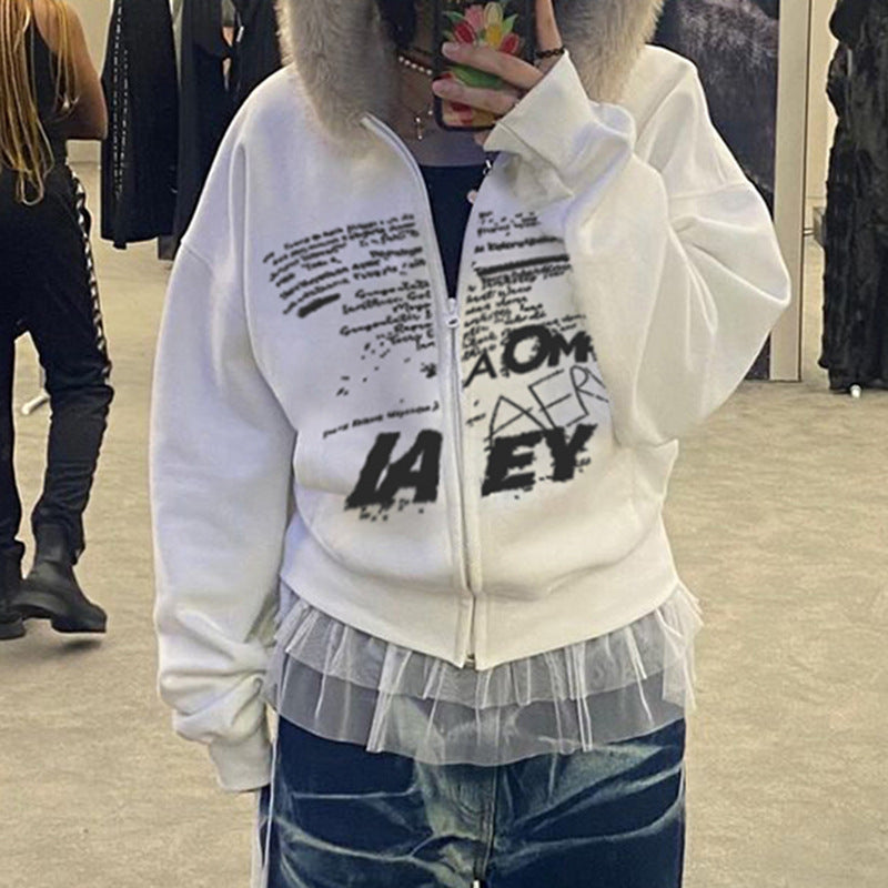 Retro Simple Letter Graphic Print Furry Stitching Hooded Cardigan Top Autumn Winter Thermal Velvet Sweatshirt Coat - ALZO