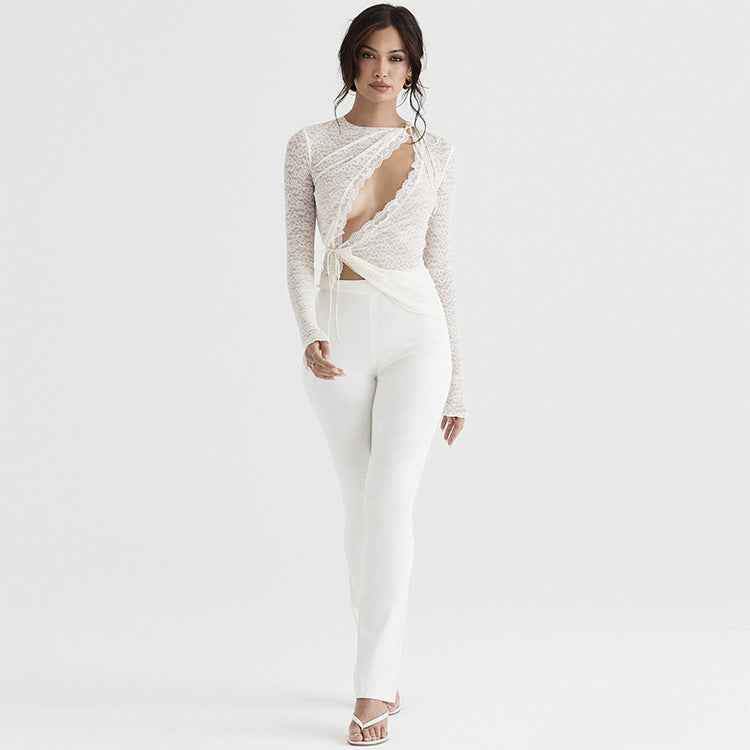 Sexy Lace Lace up Cutout Long Sleeve Slim Fit Top Women Clothing