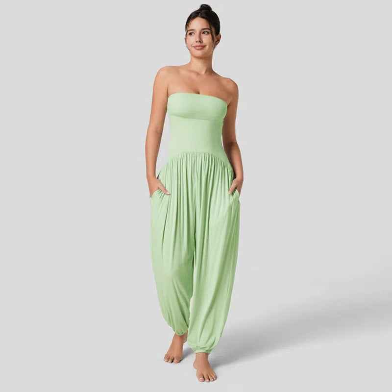 Women Clothing Summer Solid Color Casual Tube Top Cinched Waist Lantern Loose Tappered Women Jumpsuit