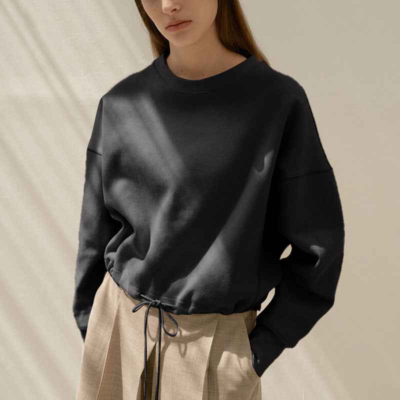 Short Sweatshirt for Women Spring Drawstring Waist Tight Design Loose Casual Running Sports Pullover Top