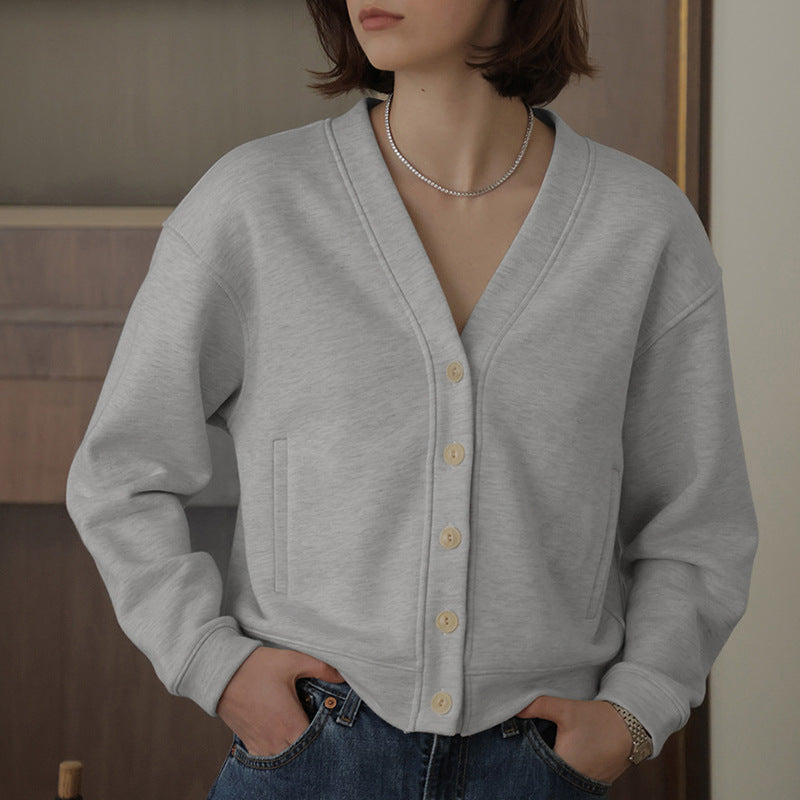 Autumn Winter Classic French V neck Sweatshirt Cardigan Retro Affordable Luxury Hong Kong Pure Cotton Comfortable Niche High End Top - ALZO