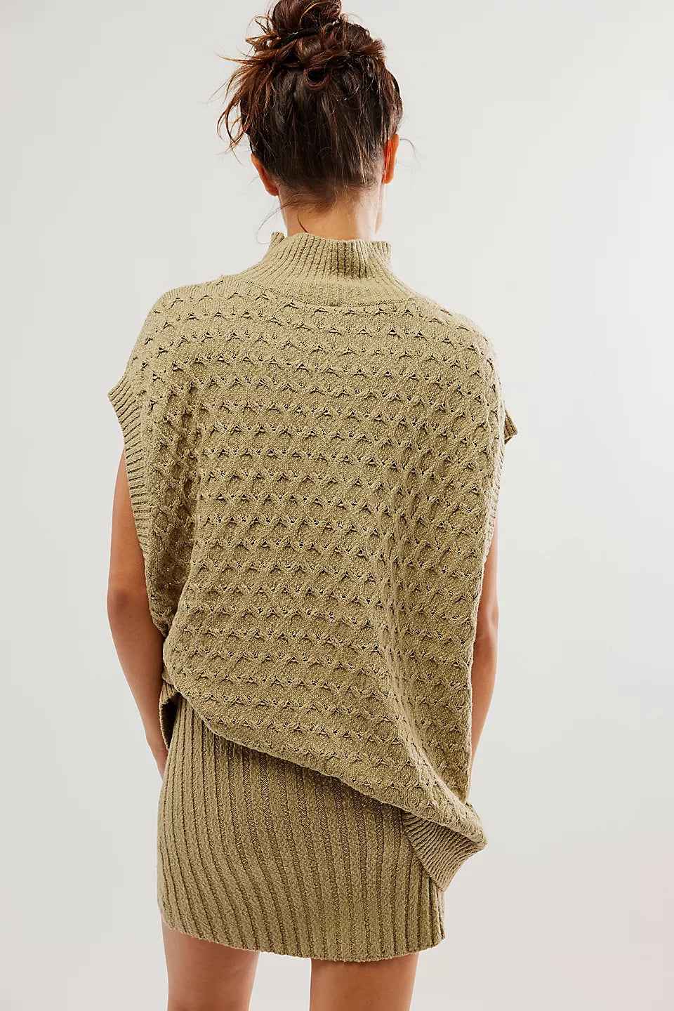 Autumn Winter Women Solid Color Sleeveless Casual Loose Woolen Top Sexy Skirt Two Piece Sets