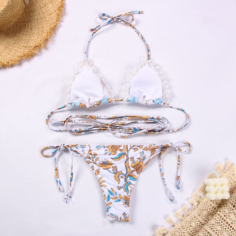 Swimsuit Women Sexy Ribbon Stitching Lace Strap Printing Bikini - ALZO