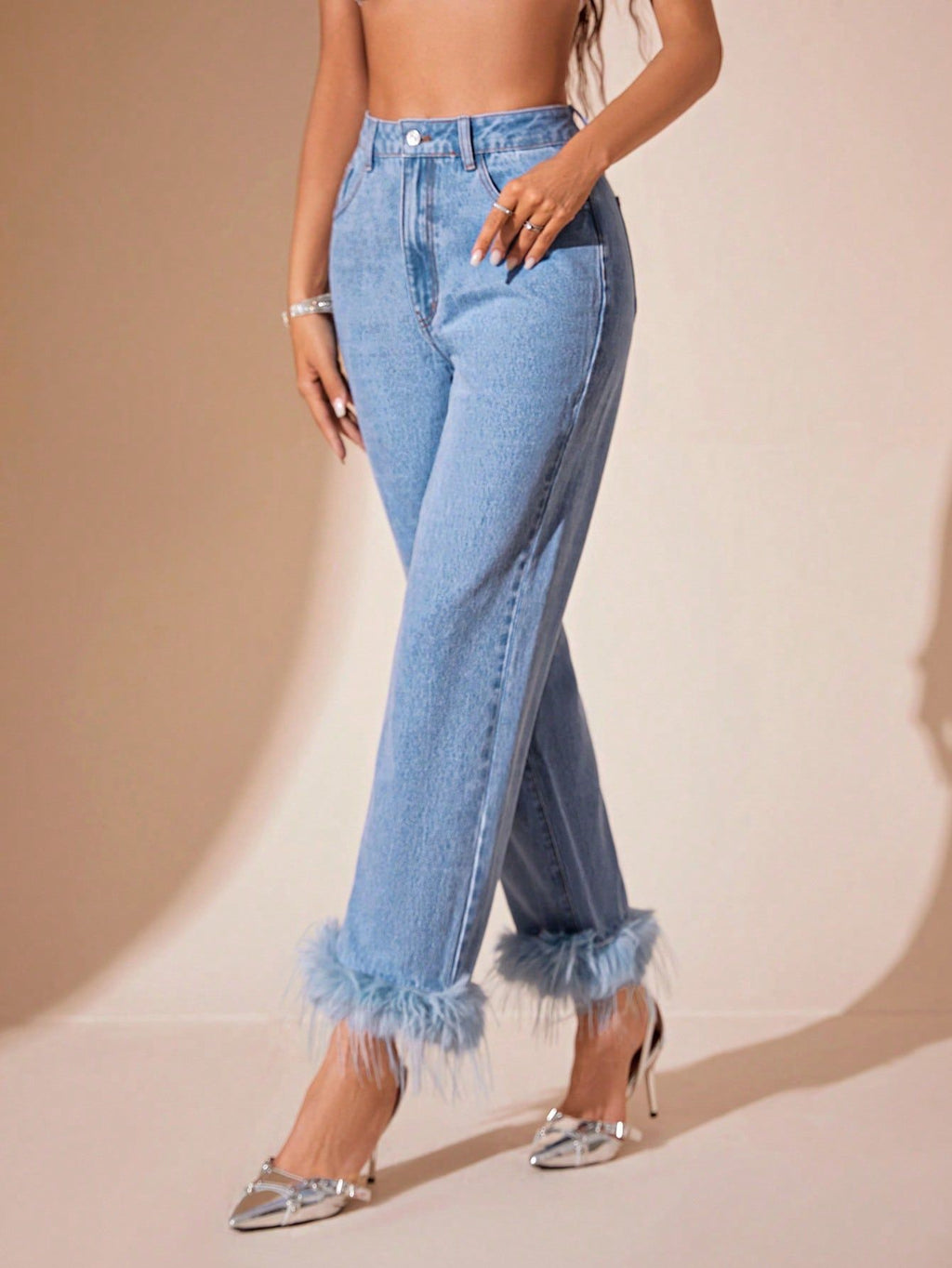 Women Clothing Furry Stitching Straight All Matching Jeans - ALZO