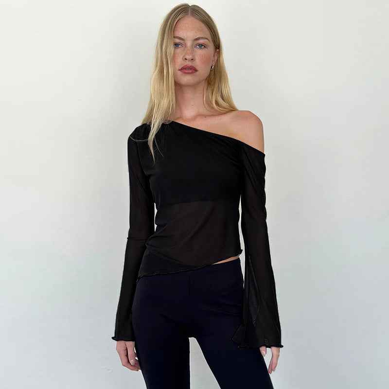 Autumn Casual Wild Shoulder Gauzy off the Shoulder Long Sleeve Top for Women