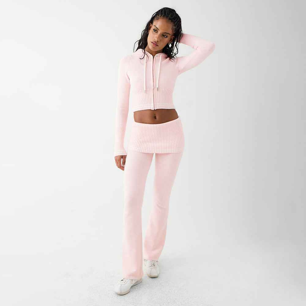 Fall Winter Knitted Two-Piece Sexy Bare Cropped Slim Fit Hoodie Bootcut Pants