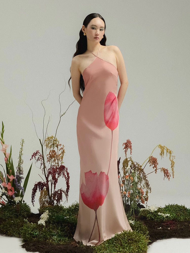 Women Clothing Halter Bare Back A line Loose Printed Dress - ALZO