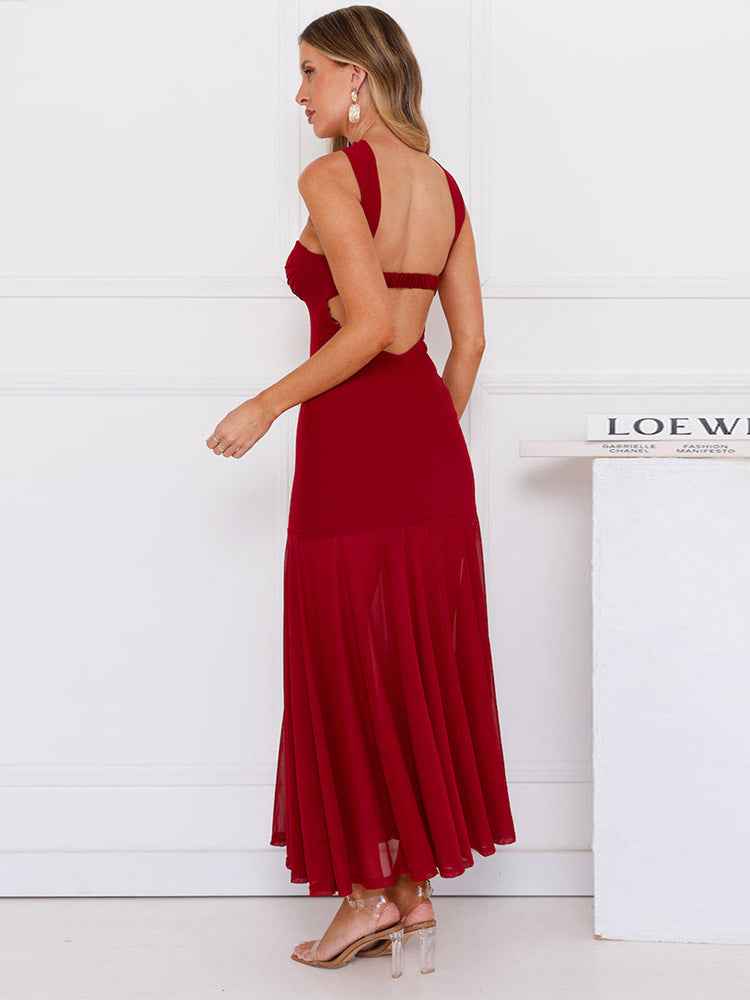 Women Clothing Solid Color Sleeveless Split Mesh Tube Top a Word Maxi Dress