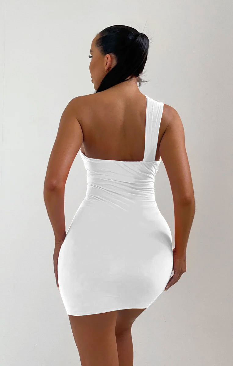 Shoulder Diagonal Collar Dress Summer Sexy Hollow Out Cutout Sheath Pleated Dress - ALZO