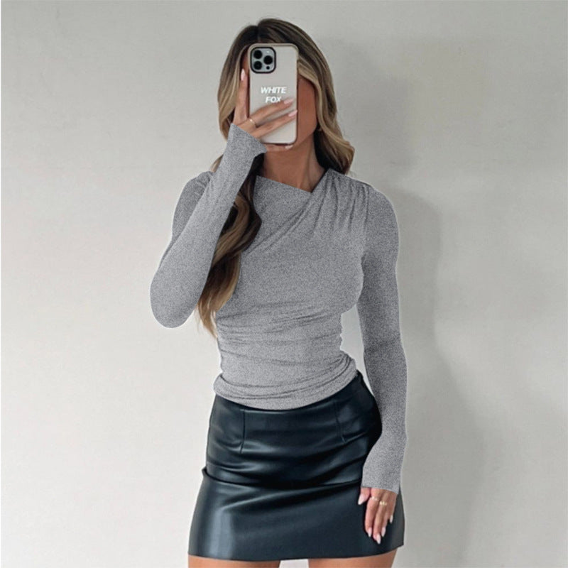 Autumn Simple Fashionable Elegant Slim Fit Twisted Neckline Long Sleeve Casual Top Women - ALZO