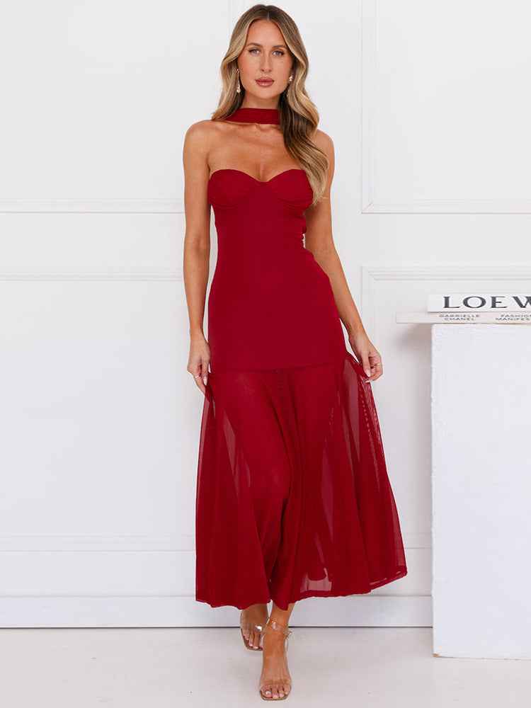 Women Clothing Solid Color Sleeveless Split Mesh Tube Top a Word Maxi Dress
