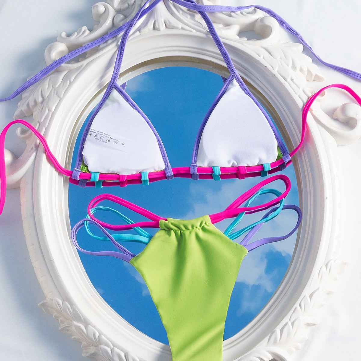 Split Two Piece Set Halter Colorful Ropes Strap Sexy Bikini Swimsuit for Women
