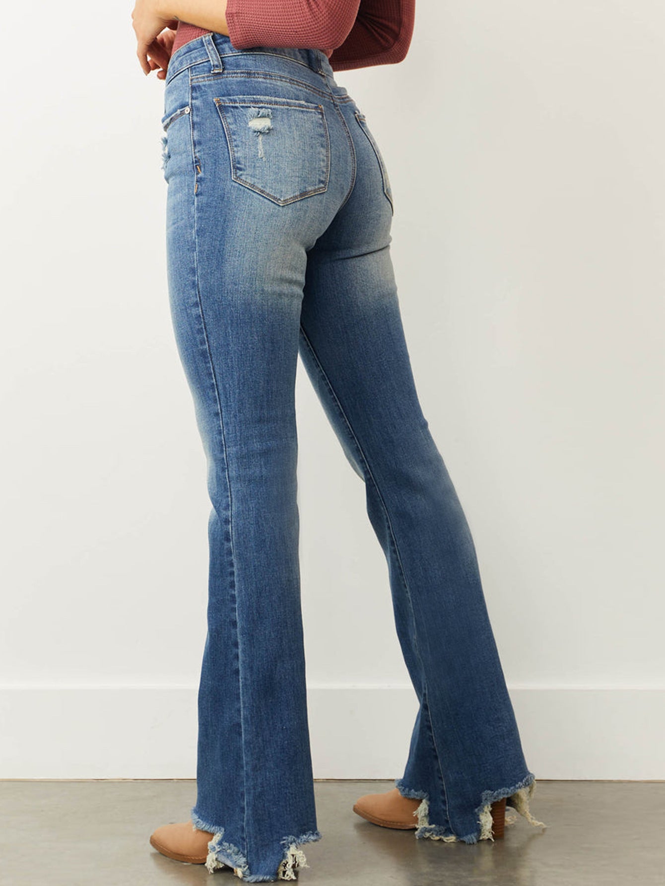 Mid Waist Slim Fit Stretch Holes Bell Bottom Pants Women Jeans - ALZO