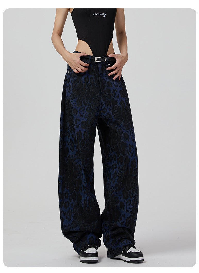 Retro Wide Leg Jeans Women High Street Leopard Print Loose Slimming Wide Leg Pants Jeans - ALZO