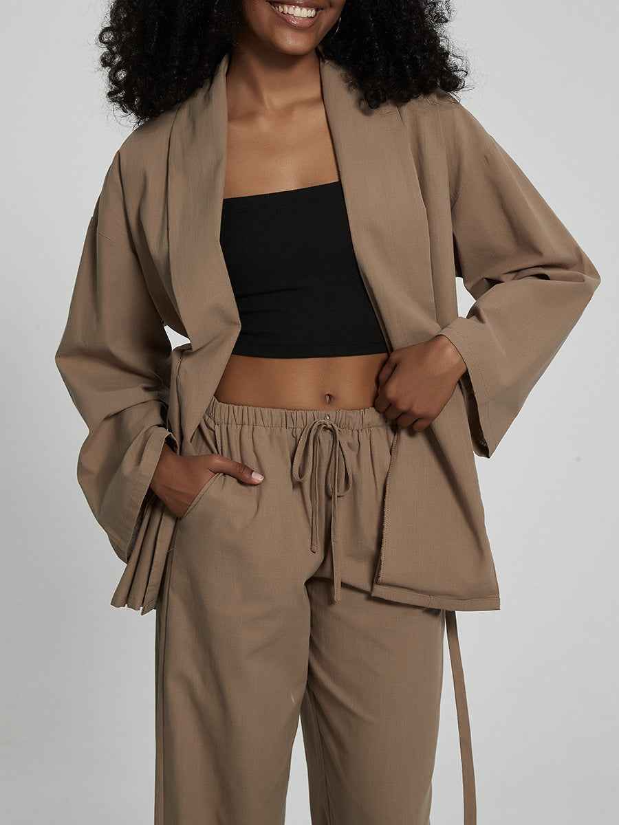 Women Clothing Casual Two Piece Sets Spring Autumn Kimono Lace up Top Pajamas Pants