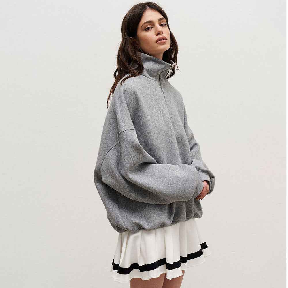 Collared Sweatshirt Autumn Winter Women Unisex Street Loose Lapels Zipper Sweatshirt