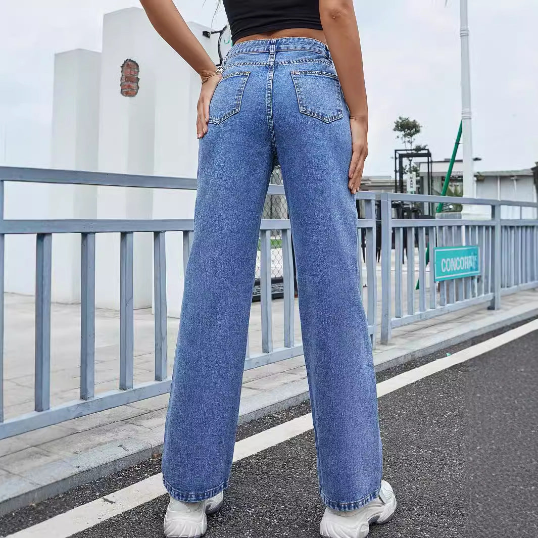 Women Clothing Love Embroidered Casual High Waist Straight Jeans Trousers - ALZO