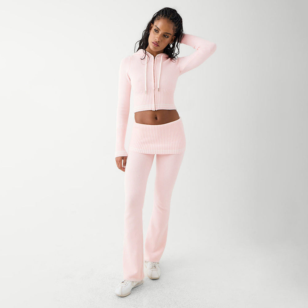 Fall Winter Knitted Two-Piece Sexy Bare Cropped Slim Fit Hoodie Bootcut Pants - ALZO