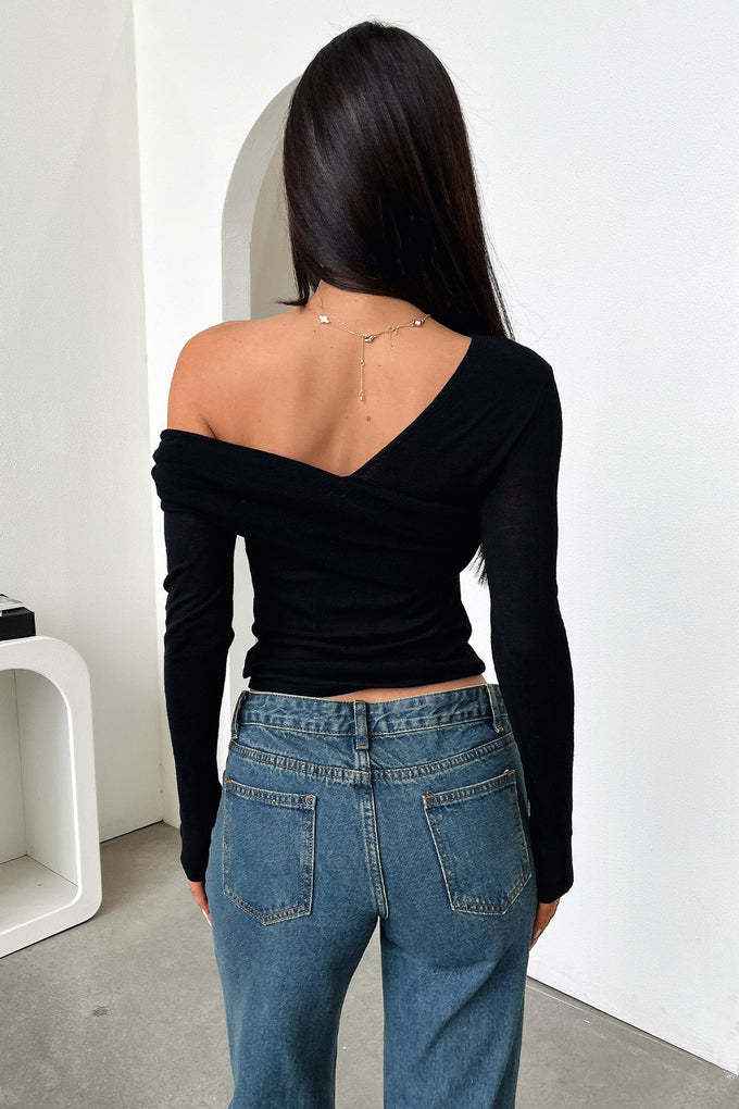 Solid Color Women Clothing Autumn Winter Sexy Strapless Long Sleeve V neck Slimming Top