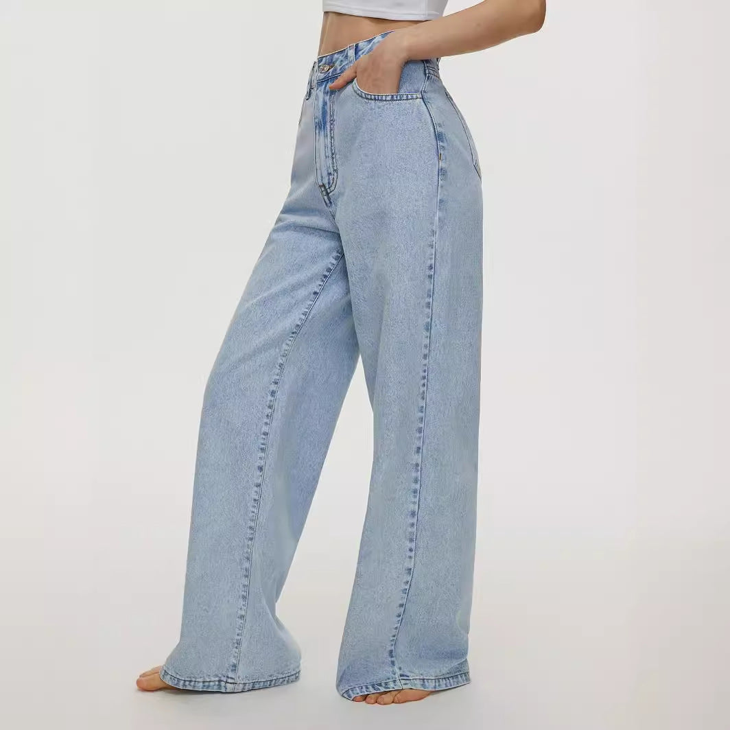 Women Clothing Straight Loose High Waist Denim Trousers - ALZO