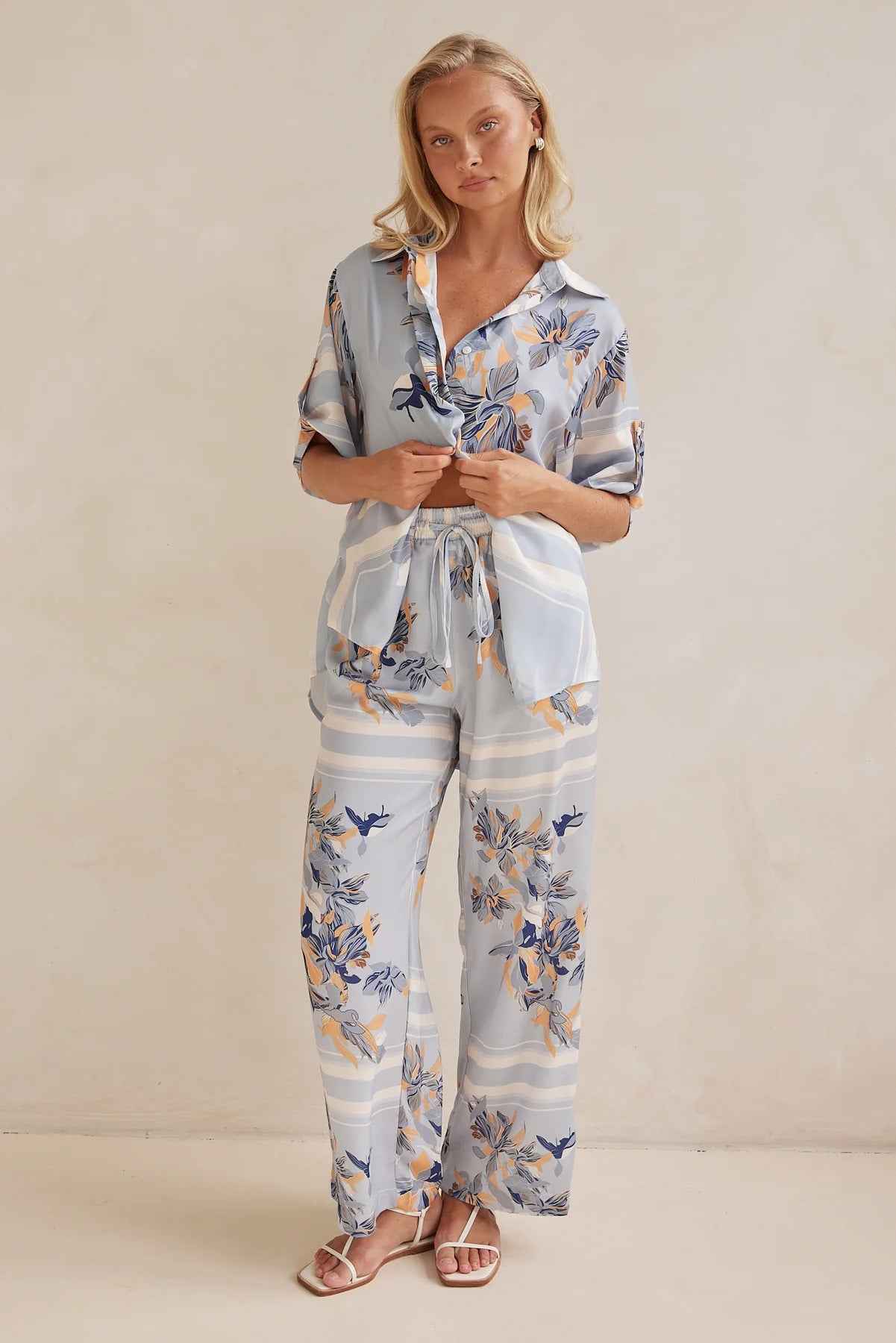 Summer Homewear Casual Printing Cardigan Shirt Trousers Set