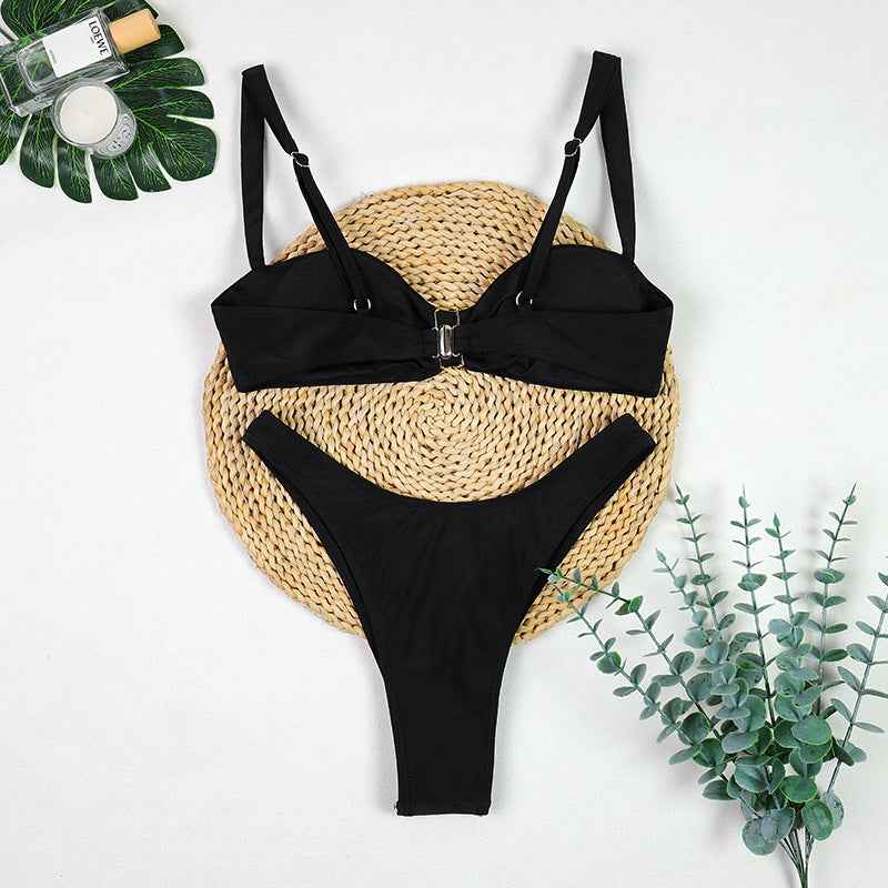 Black Swimsuit Bikini Three Piece Metal Ornament Split Half Skirt Swimsuit Women