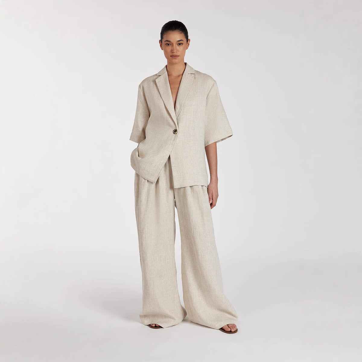 Spring Summer Linen Office Women Collared Half Sleeve Cardigan Top Loose Wide Leg Pants Two Piece Set