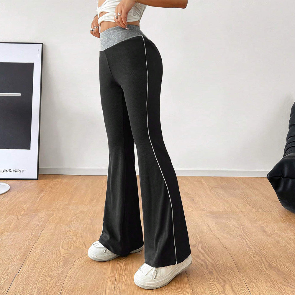 Women Clothing All Match Office Tight Casual Pants Autumn Winter Elastic Waist Contrast Color Wide Leg Pants - ALZO
