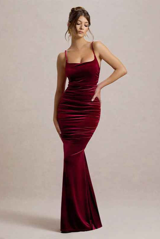 Autumn Socialite Sexy Velvet Pleated Fitted Waist Backless Sling Dress