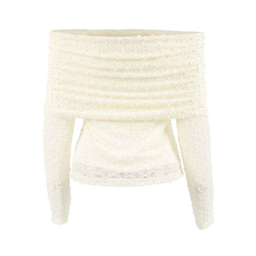Spring Summer Sexy Design Jacquard off Neck Drop Shoulder Sleeve Slim Knitted T shirt All Match Top for Women